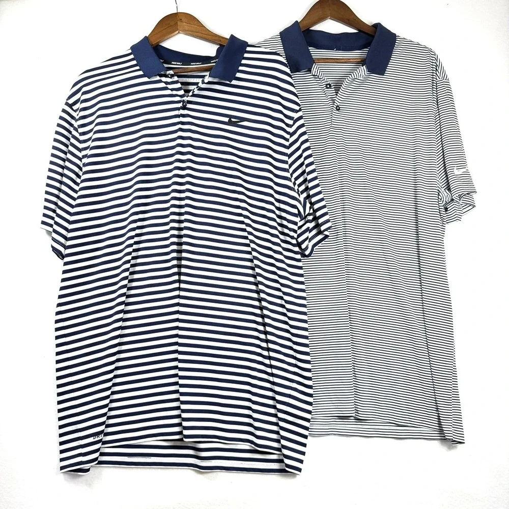 Nike Golf Dri-FIT Polo Shirts Mens 2XL Navy Blue White Striped 2 Pack 891239-419
